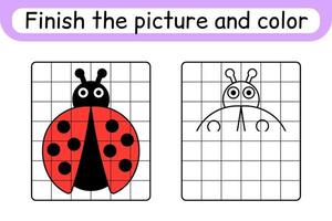 Complete the picture ladybug. Copy the picture and color. Finish the image. Coloring book. Educational drawing exercise game for children vector