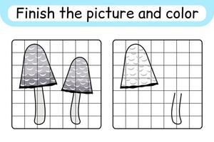 Complete the picture mushroom coprinus. Copy the picture and color. Finish the image. Coloring book. Educational drawing exercise game for children vector