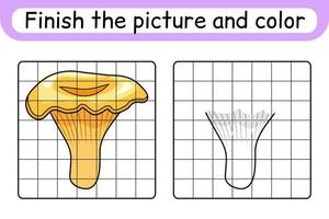 Complete the picture mushroom chanterelle. Copy the picture and color. Finish the image. Coloring book. Educational drawing exercise game for children vector