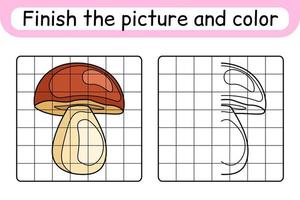 Complete the picture mushroom boletus. Copy the picture and color. Finish the image. Coloring book. Educational drawing exercise game for children vector