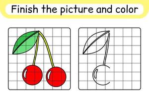 Complete the picture cherry. Copy the picture and color. Finish the image. Coloring book. Educational drawing exercise game for children vector