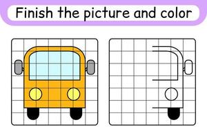 Complete the picture bus. Copy the picture and color. Finish the image. Coloring book. Educational drawing exercise game for children vector