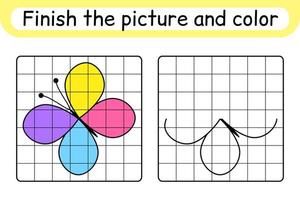 Completa la imagen de la mariposa. copiar la imagen y el color. terminar la imagen. libro de colorear. juego educativo de ejercicios de dibujo para niños vector