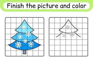 Complete the picture christmas tree. Copy the picture and color. Finish the image. Coloring book. Educational drawing exercise game for children vector