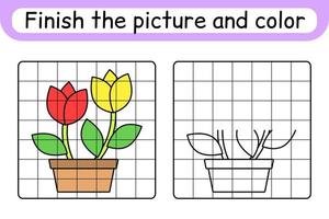 Complete the picture flower tulip. Copy the picture and color. Finish the image. Coloring book. Educational drawing exercise game for children vector