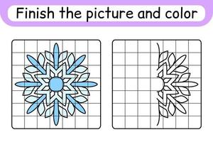 Complete the picture snowflake. Copy the picture and color. Finish the image. Coloring book. Educational drawing exercise game for children vector