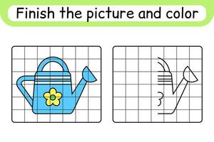 Complete the picture watering can. Copy the picture and color. Finish the image. Coloring book. Educational drawing exercise game for children vector