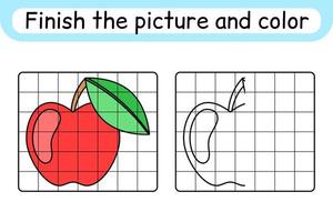 Complete the picture apple. Copy the picture and color. Finish the image. Coloring book. Educational drawing exercise game for children vector