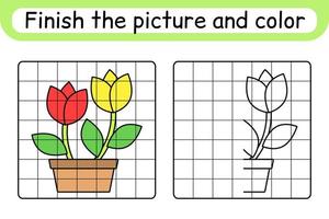 Complete the picture flower tulip. Copy the picture and color. Finish the image. Coloring book. Educational drawing exercise game for children vector