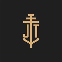 monograma del logotipo inicial jt con vector de diseño de icono de pilar