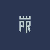 monograma del logotipo de pr con castillo de fortaleza y diseño de estilo de escudo vector