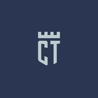 CT logo monogram with fortress castle and shield style design vector