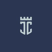 JC logo monogram with fortress castle and shield style design vector