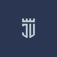monograma del logotipo de ju con castillo de fortaleza y diseño de estilo de escudo vector
