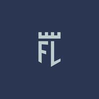 monograma del logotipo de fl con castillo de fortaleza y diseño de estilo escudo vector