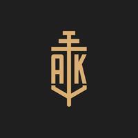 monograma de logotipo inicial ak con vector de diseño de icono de pilar