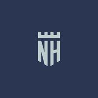 monograma del logotipo de nh con castillo de fortaleza y diseño de estilo de escudo vector