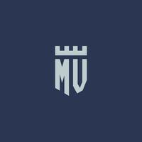 MV logo monogram with fortress castle and shield style design vector