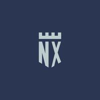 monograma del logotipo nx con castillo de fortaleza y diseño de estilo escudo vector