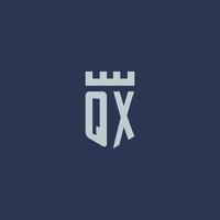 QX logo monogram with fortress castle and shield style design vector