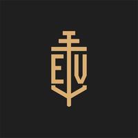 EV initial logo monogram with pillar icon design vector