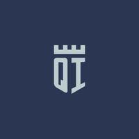 monograma del logotipo de qi con castillo de fortaleza y diseño de estilo de escudo vector