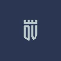 OV logo monogram with fortress castle and shield style design vector