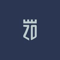 monograma del logotipo zo con castillo de fortaleza y diseño de estilo escudo vector