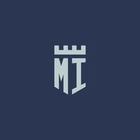 MI logo monogram with fortress castle and shield style design vector