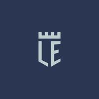 LE logo monogram with fortress castle and shield style design vector