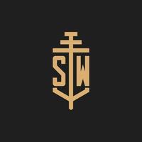 SW initial logo monogram with pillar icon design vector