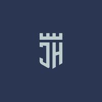 JH logo monogram with fortress castle and shield style design vector