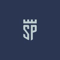 SP logo monogram with fortress castle and shield style design vector