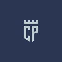 monograma del logotipo de cp con castillo de fortaleza y diseño de estilo de escudo vector