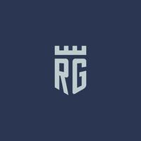 monograma del logotipo rg con castillo de fortaleza y diseño de estilo escudo vector