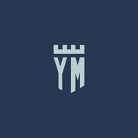 monograma del logotipo de ym con castillo de fortaleza y diseño de estilo de escudo vector