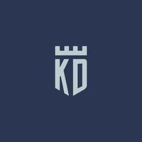 monograma del logotipo de kd con castillo de fortaleza y diseño de estilo de escudo vector