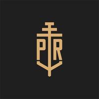 monograma de logotipo inicial pr con vector de diseño de icono de pilar