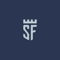 monograma del logotipo de sf con castillo de fortaleza y diseño de estilo de escudo vector