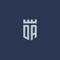 DA logo monogram with fortress castle and shield style design vector