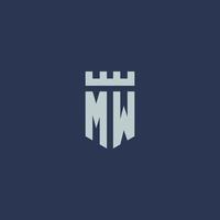 monograma del logotipo de mw con castillo de fortaleza y diseño de estilo de escudo vector