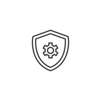 Shield, armor, protection sign. Minimalistic vector symbol drawn with black thin line. Suitable for adverts, stores, shops, books. Line icon of gear or cogwheel inside of armor or shield