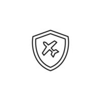 Shield, armor, protection sign. Minimalistic vector symbol drawn with black thin line. Suitable for adverts, stores, shops, books. Line icon of airplane inside of armor or shield