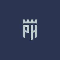 monograma del logotipo de ph con castillo de fortaleza y diseño de estilo de escudo vector
