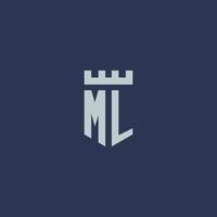 monograma del logotipo de ml con castillo de fortaleza y diseño de estilo de escudo vector