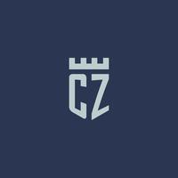 monograma del logotipo cz con castillo fortaleza y diseño de estilo escudo vector