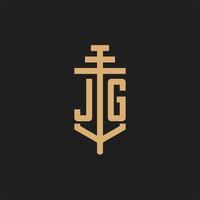 Monograma del logotipo inicial jg con vector de diseño de icono de pilar