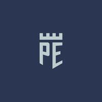 PE logo monogram with fortress castle and shield style design vector