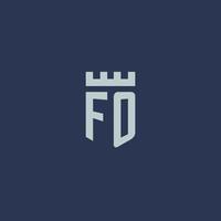 monograma del logotipo fo con castillo de fortaleza y diseño de estilo escudo vector
