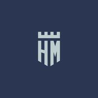 monograma del logotipo de hm con castillo de fortaleza y diseño de estilo escudo vector